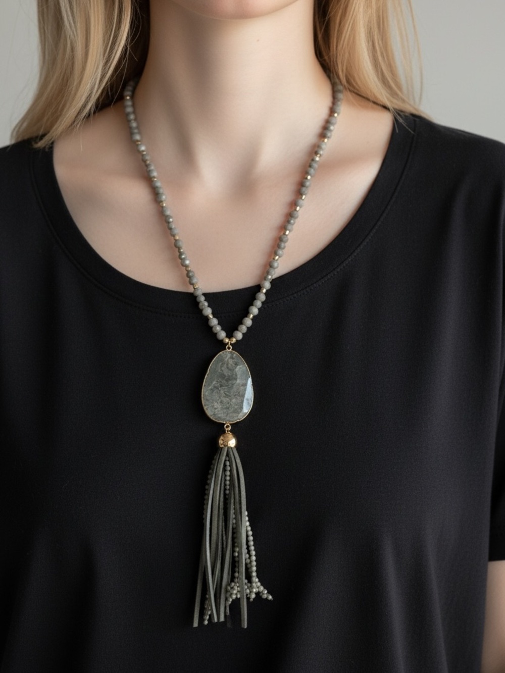 9/26 Grey Beaded Tassel Pendant Necklace - Elegant Chalkstone Accent